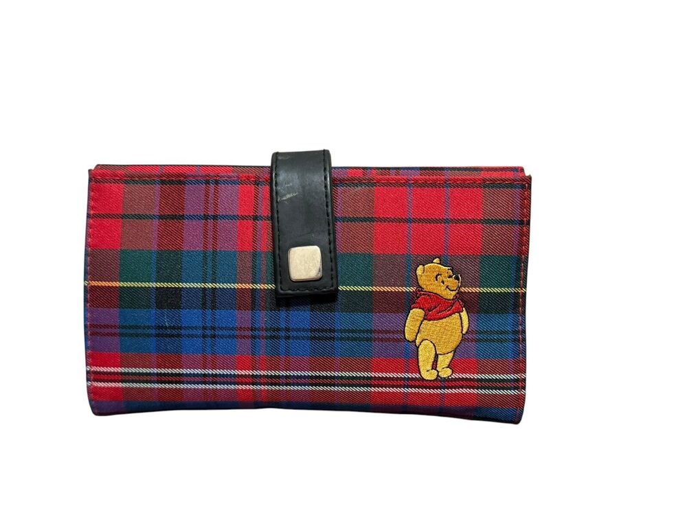 Vintage Disney Store Winnie The Pooh Trifold Wallet Red Blue Plaid Embroidered